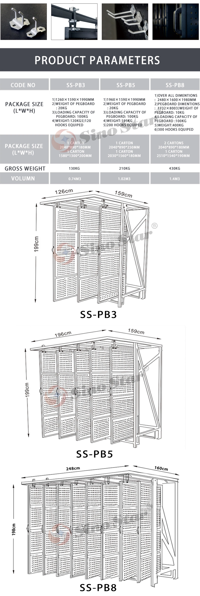 Ss-Pb8 Garage Storage Pegboard with Hooks Garage Storage Bins Tool Board Panel Tool Organizer