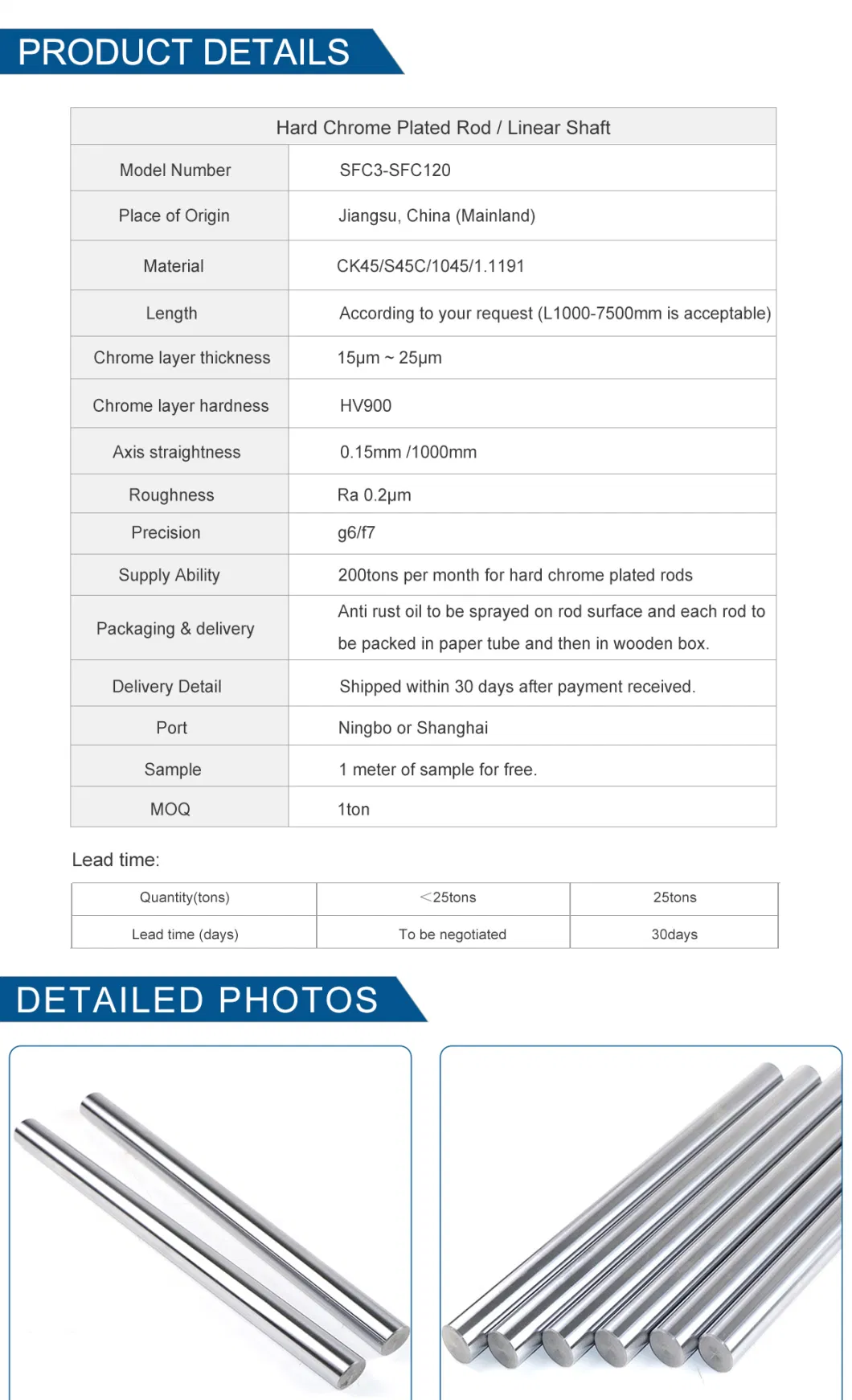 Suj2 4140 Ck45 Hard Chrome Plated Piston Rod for Hydraulic Cylinder